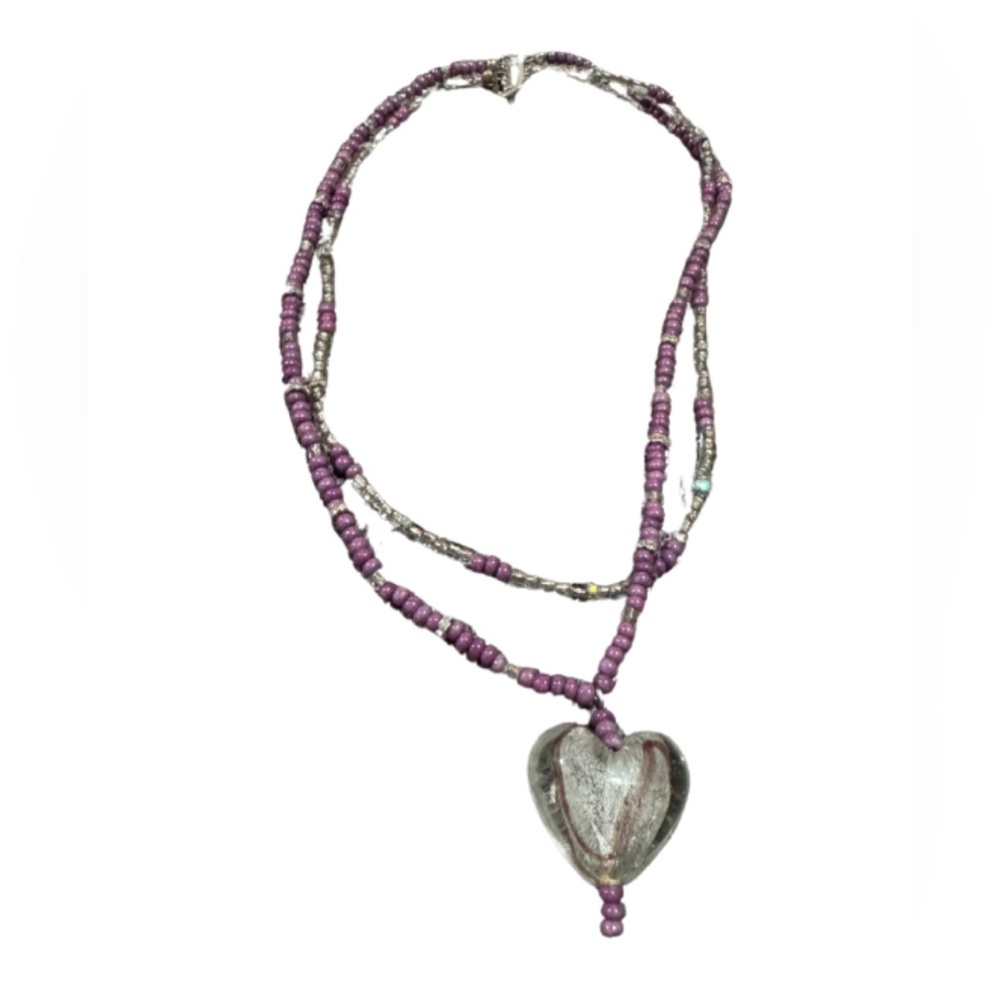 Handcrafted Purple Beaded Heart Necklace